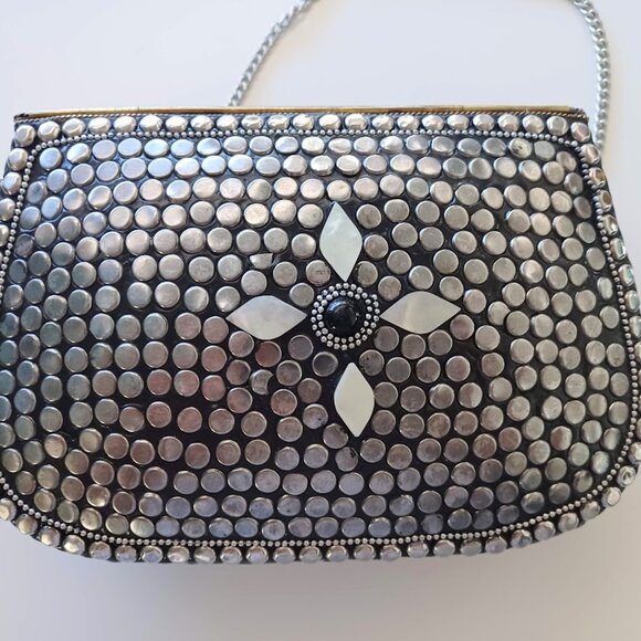 Antik Kraft Mother of Pearl Mosaic Crossbody Clutch Bag Silver Studded Boho - Picture 5 of 12